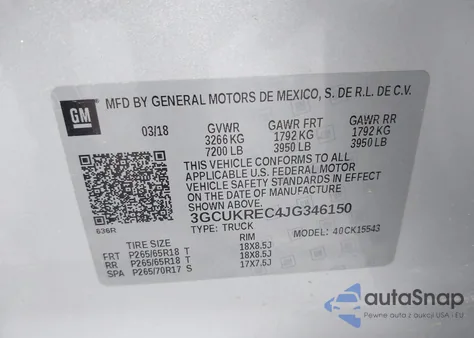 2018 Chevrolet Silverado 1500 2Lt from USA, damaged, VIN 3GCUKREC4JG346150